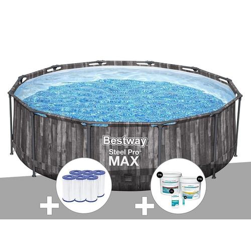 Kit piscine tubulaire ronde Bestway Steel Pro Max décor bois 3,66 x 1,00 m + 6 cartouches de filtration + Kit de traitement au chlore