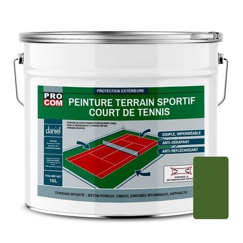 Peinture tennis, peinture terrain de sport, rénovation et protection de terrain sportif PROCOM 10 litres Vert tennis (RAL 130 40 30)