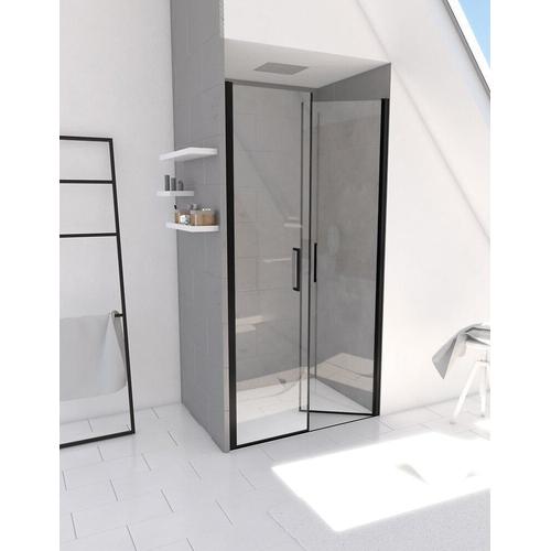 Porte de Douche Double Battant 90x200cm - Verre Trempé Transparent 6mm - Profil Noir Mat