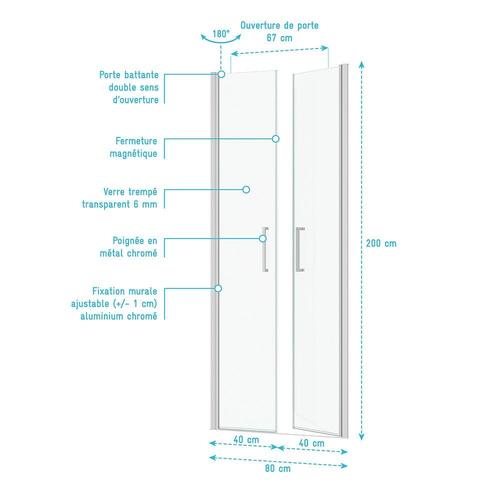 Porte de Douche Double Battant 80x200cm - Verre Trempé Transparent 6mm - Profil Chromé