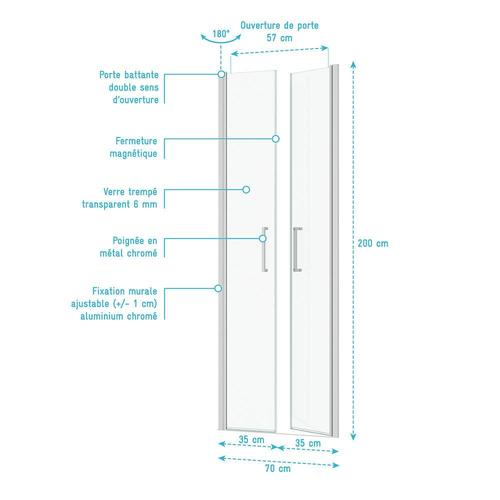 Porte de Douche Double Battant 70x200cm - Verre Trempé Transparent 6mm - Profil Chromé