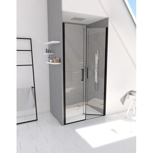 Porte de Douche Double Battant 70x200cm - Verre Trempé Transparent 6mm - Profil Noir Mat