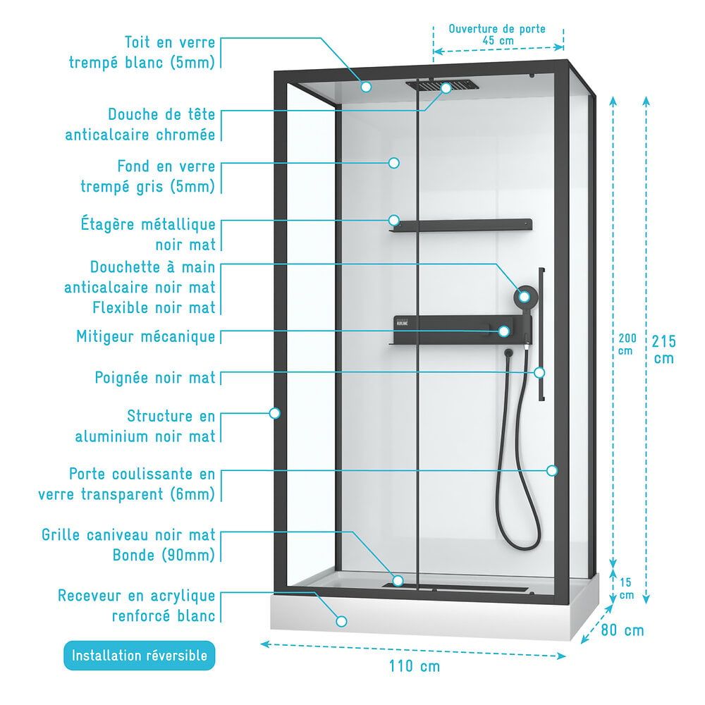 Cabine de douche rectangle 90x115x217cm extra blanc - profil...