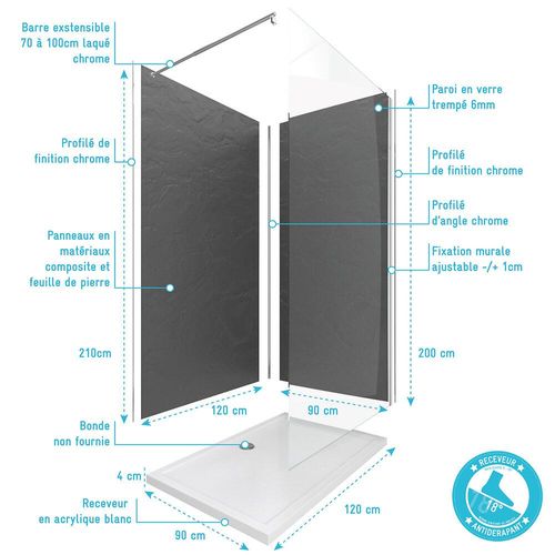 Ensemble complet douche à l'Italiennne avec Receveur 120x90 + Paroi chrome + Panneaux muraux 90&120