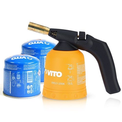 Lampe ? souder VITO Allumage piezo Coque ABS Verrou de s?curit? Poign?e ergonomique + 2 cartouches 190gr butane