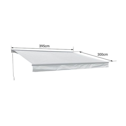Store Banne Saule 3,95 × 3m Avec Semi-Coffre - Toile Rayée Blanche/Grise Et Structure Blanche
