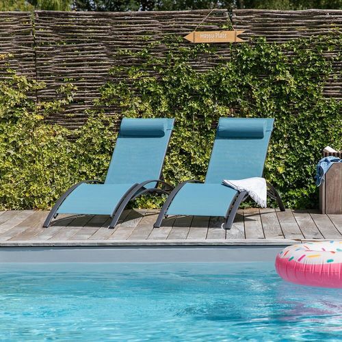 Lot De 2 Transats Galapagos En Textilène Bleu Gris - Aluminium Gris Anthracite
