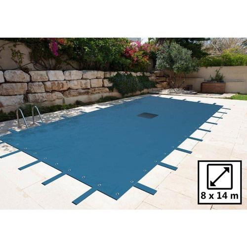 Bâche piscine rectangulaire 8x14m - couleur bleue marine - 140g/m2 avec filet d'écoulement