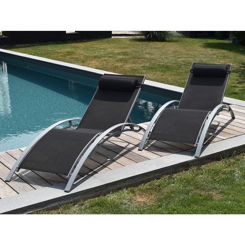 Lot De 2 Transats Galapagos En Textilène Noir - Aluminium Gris