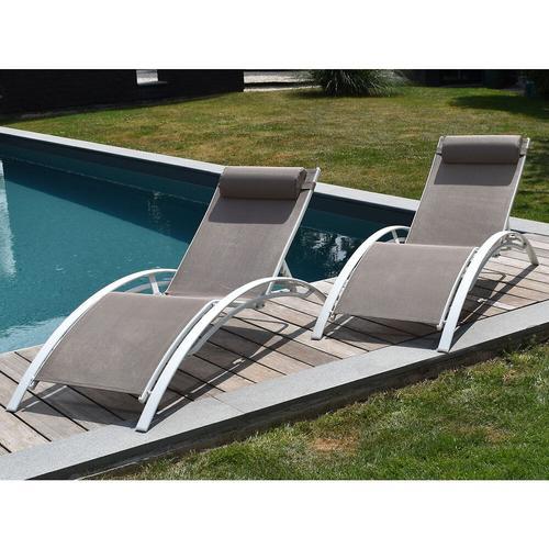 Lot De 2 Transats Galapagos En Textilène Taupe - Aluminium Blanc