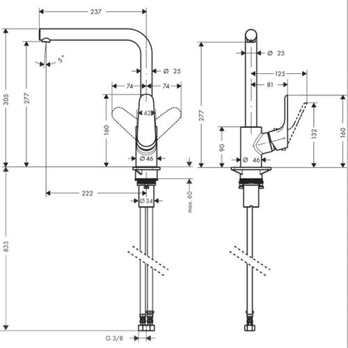 Mitigeur dévier/cuisine bec haut en L Focus - finition acier Inox (Stainless)