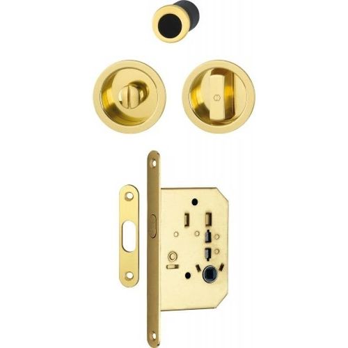 Serrure à condamnation rosace ronde pour porte coulissante intérieure avec man¿uvres aluminium aspect laiton poli