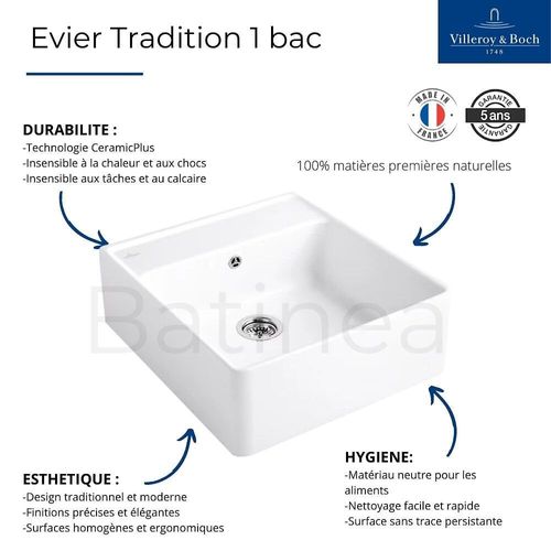 Evier timbre office Villeroy et Boch Tradition Creme CeramicPlus avec vidage manuel