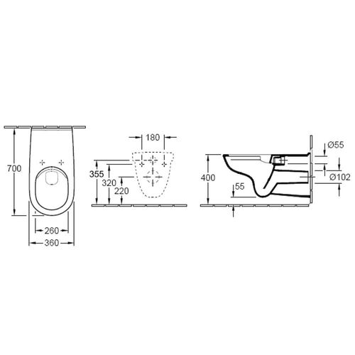 Cuvette O.novo Vita360 x 700 mm, DirectFlush, modèle suspendu, sortie horizontale, En porcelaine sanitaire Blanc