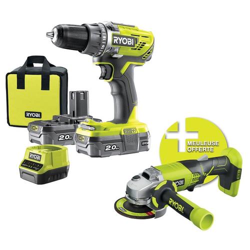 RYOBI ONE+ Pack duo perceuse meuleuse 18V sans fil - 2 batteries de 2Ah et un sac de transport