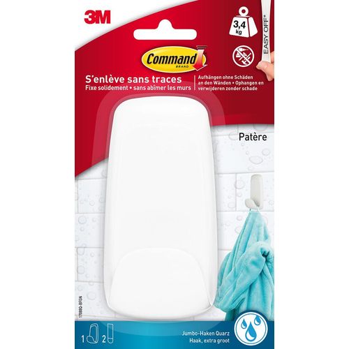 1 Patère Blanc nacré 3M Command¿ avec languettes résistantes à l'eau, 2 languettes, 3,4 kg