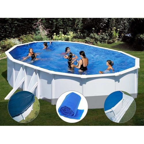 Kit piscine acier blanc Gré Bora Bora ovale 6,34 x 3,99 x 1,22 m + Bâche hiver + Bâche à bulles + Tapis de sol