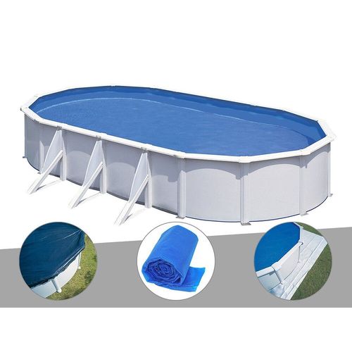 Kit piscine acier blanc Gré Fidji ovale 7,44 x 3,99 x 1,22 m + Bâche hiver + Bâche à bulles + Tapis de sol