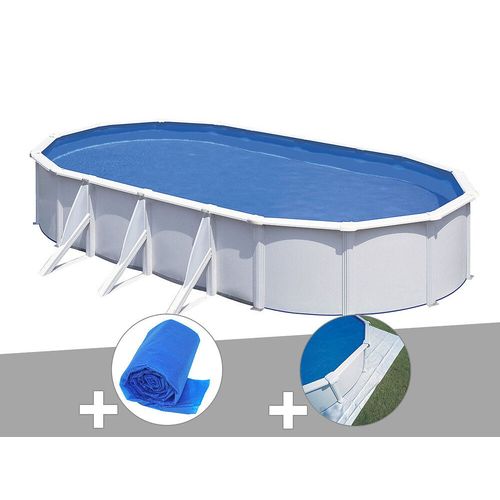 Kit piscine acier blanc Gré Fidji ovale 7,44 x 3,99 x 1,22 m + Bâche à bulles + Tapis de sol