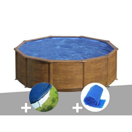 Kit piscine acier aspect bois Gré Sicilia ronde 4,80 x 1,22 m + Bâche hiver + Bâche à bulles