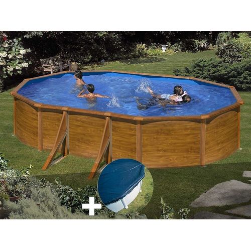 Kit piscine acier aspect bois Gré Sicilia ovale 5,27 x 3,27 x 1,22 m + Bâche hiver