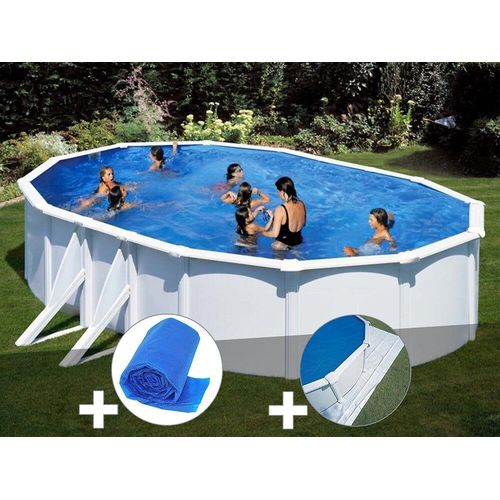 Kit piscine acier blanc Gré Bora Bora ovale 6,34 x 3,99 x 1,22 m + Bâche à bulles + Tapis de sol