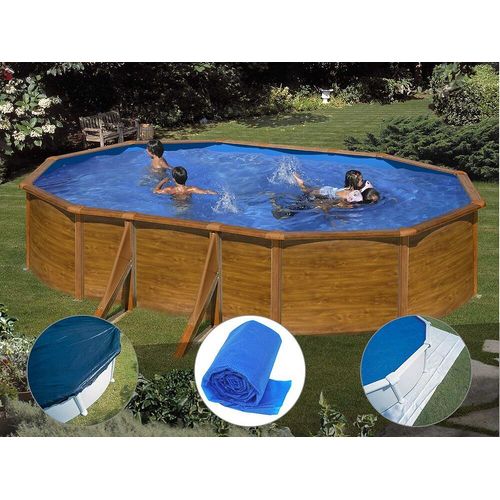 Kit piscine acier aspect bois Gré Sicilia ovale 5,27 x 3,27 x 1,22 m + Bâche hiver + Bâche à bulles + Tapis de sol