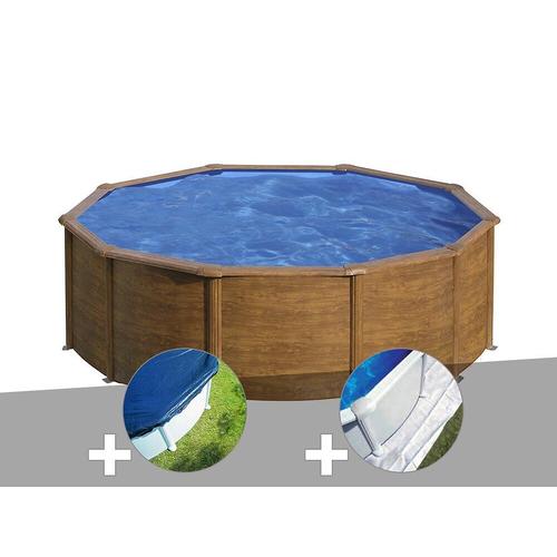 Kit piscine acier aspect bois Gré Sicilia ronde 3,20 x 1,22 m + Bâche hiver + Tapis de sol