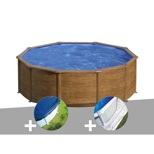 Kit piscine acier aspect bois Gré Sicilia ronde 4,80 x 1,22 m + Bâche hiver + Tapis de sol