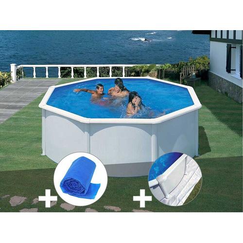 Kit piscine acier blanc Gré Fidji ronde 3,70 x 1,22 m + Bâche à bulles + Tapis de sol