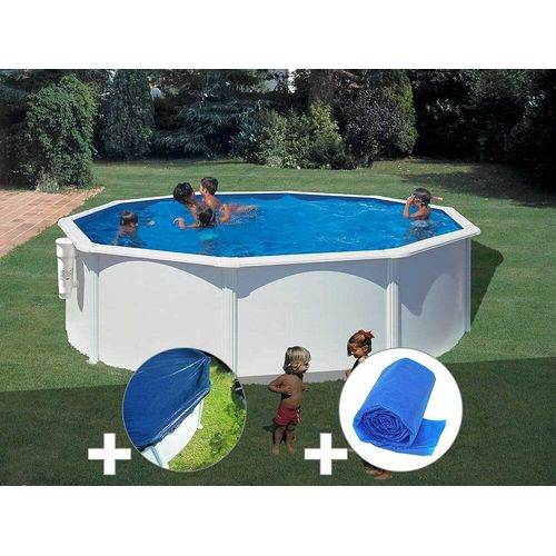 Kit piscine acier blanc Gré Bora Bora ronde 4,80 x 1,22 m + Bâche hiver + Bâche à bulles