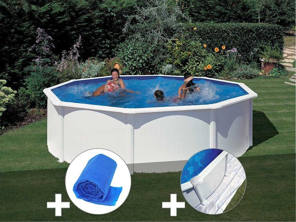 Kit piscine acier blanc Gré Fidji ronde 4,80 x 1,22 m + Bâche à bulles + Tapis de sol