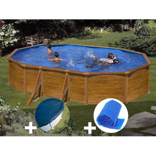 Kit piscine acier aspect bois Gré Sicilia ovale 5,27 x 3,27 x 1,22 m + Bâche hiver + Bâche à bulles