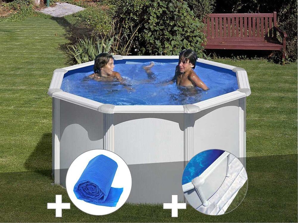 Kit piscine acier blanc Gré Fidji ronde 2,60 x 1,22 m + Bâche à bulles + Tapis de sol