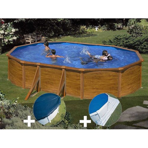 Kit piscine acier aspect bois Gré Sicilia ovale 5,27 x 3,27 x 1,22 m + Bâche hiver + Tapis de sol