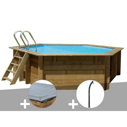 Kit piscine bois Gré Vanille Ø 4,00 x 1,19 m + Bâche hiver + Douche