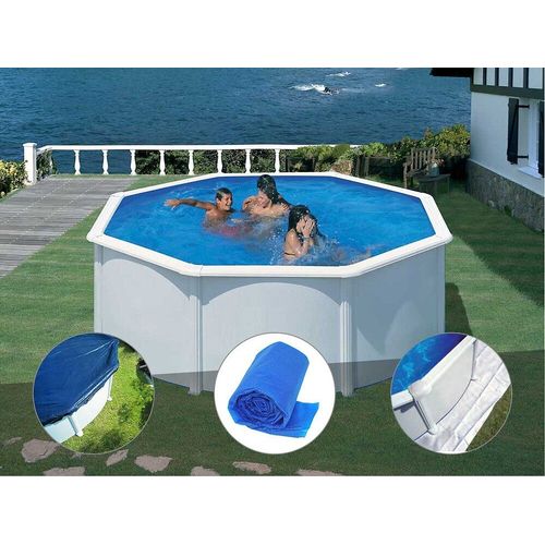 Kit piscine acier blanc Gré Fidji ronde 3,70 x 1,22 m + Bâche hiver + Bâche à bulles + Tapis de sol