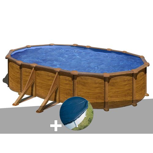 Kit piscine acier aspect bois Gré Mauritius ovale 6,34 x 3,99 x 1,32 m + Bâche hiver