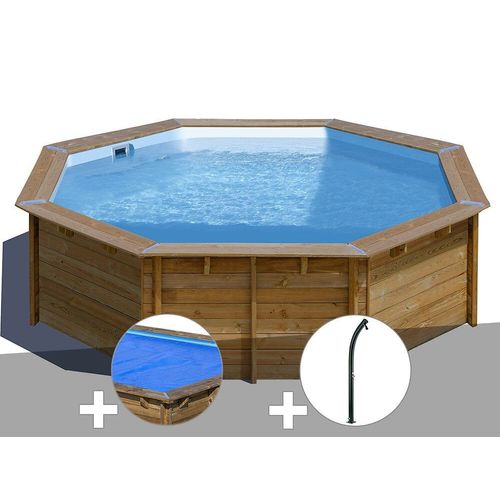 Kit piscine bois Gré Violette Ø 5,00 x 1,27 m + Bâche à bulles + Douche