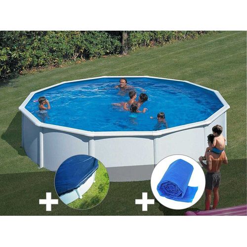 Kit piscine acier blanc Gré Fidji ronde 5,70 x 1,22 m + Bâche hiver + Bâche à bulles