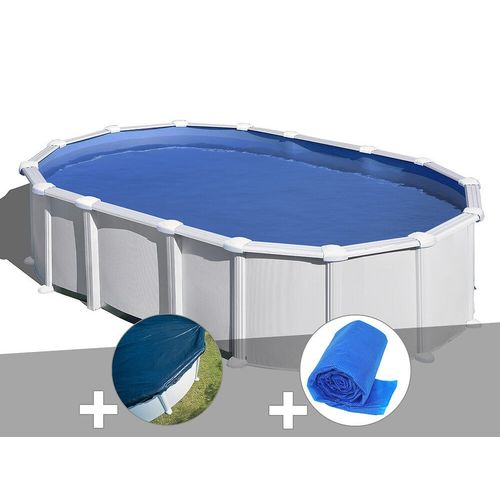 Kit piscine acier blanc Gré Haïti ovale 6,34 x 3,99 x 1,32 m + Bâche hiver + Bâche à bulles