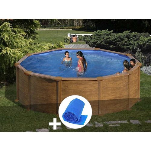 Kit piscine acier aspect bois Gré Mauritius ronde 4,80 x 1,32 m + Bâche à bulles