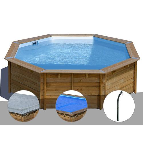 Kit piscine bois Gré Violette Ø 5,00 x 1,27 m + Bâche hiver + Bâche à bulles + Douche