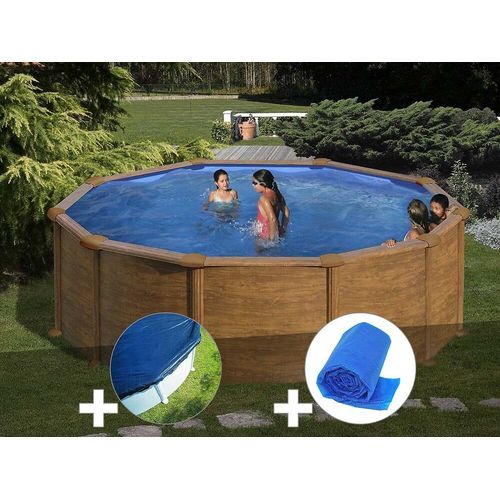 Kit piscine acier aspect bois Gré Mauritius ronde 4,80 x 1,32 m + Bâche hiver + Bâche à bulles