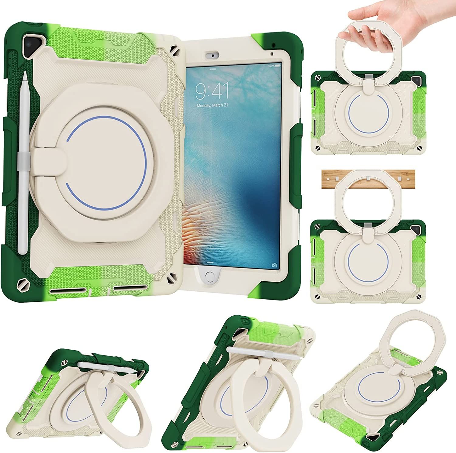 Étui À Onglet Case D'enfants Compatible With Ipad 9.7 2018/2017 / Air 1/2 / Pro 9.7, 360 ° Handat Stand Casse De Support Tablette Couverture Arrière (Color : Rainbow Green)