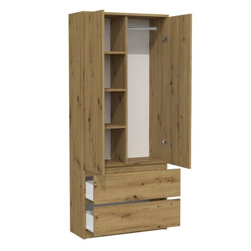 Turin - Armoire Style Moderne Chambre Salon - Penderie Multifonctions - 2 Portes + Tiroirs - Dressing - Syst?Me Tip-On - Ch?Ne