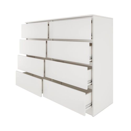 Milan - Commode Contemporaine Chambre Salon 120x97x40 - Buffet 8 Tiroirs Coullissants - Meuble De Rangement - Chiffonier - Blanc