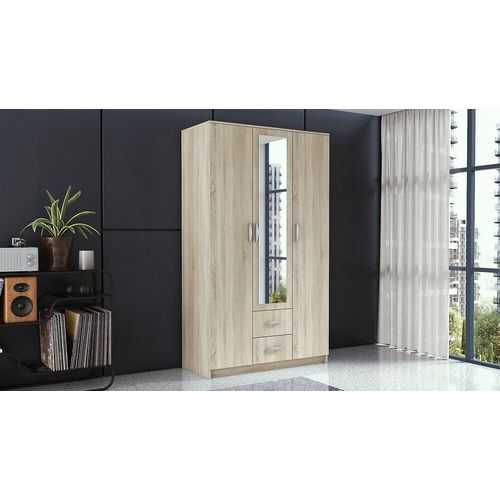 Roma - Grande Armoire Chambre Bureau - Penderie Multifonctions - 2 Portes - Miroir - 2 Tiroirs - Meuble De Rangement - Etag?Res - Sonoma