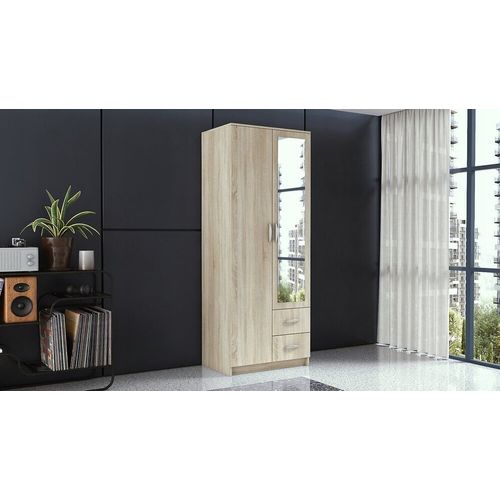 Roma - Armoire Compacte Chambre Bureau - Penderie Multifonctions - 2 Portes - Miroir - 2 Tiroirs - Meuble De Rangement - Dressing - Sonoma