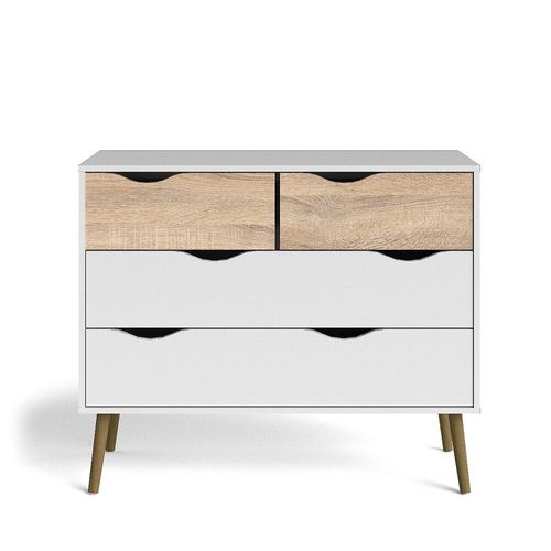 Commode À Quatre Tiroirs, Blanc Et Chêne, Mesures 98 X 81 X 39 Cm